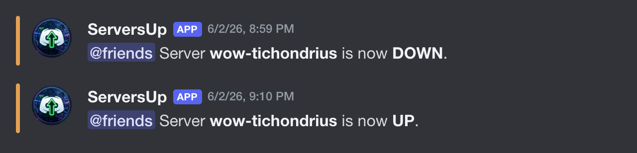 Example ServersUp Discord alerts for wow-tichondrius going down and back up